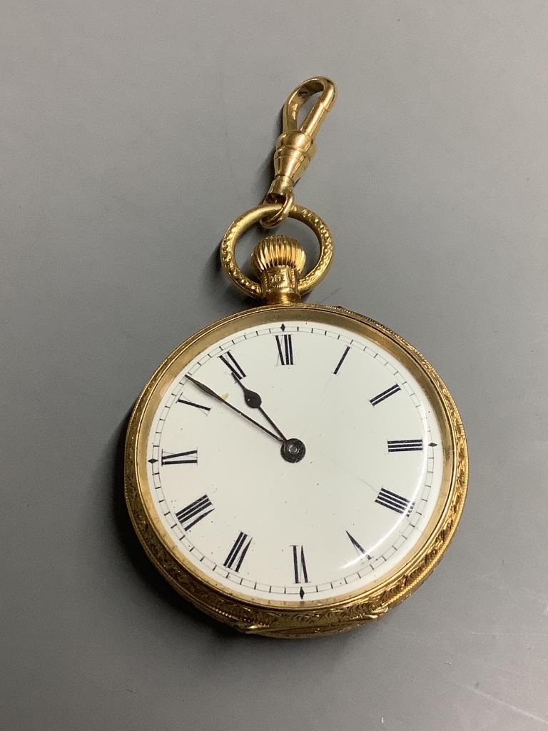 A 19th century engraved 18ct gold open face pocket watch, with Roman dial